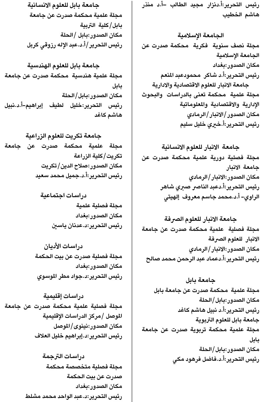 An original archive page listing Iraqi academic journals and their editors